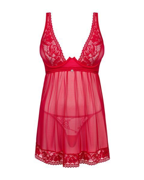 Прозора сорочка бебі-дол Obsessive Lacelove babydoll & thong XS/S Red, мереживо, стрінги SO8646 фото