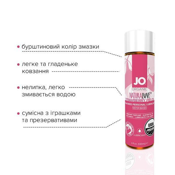Змазка на водній основі JO NATURALOVE Strawberry (120 мл) з екстрактом ромашки та листя агави SO1662 фото