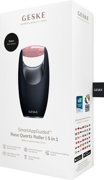 Ролер-масажер для обличчя з рожевим кварцом GESKE SmartAppGuided Rose Quartz Roller 5in1 black HB0645 фото