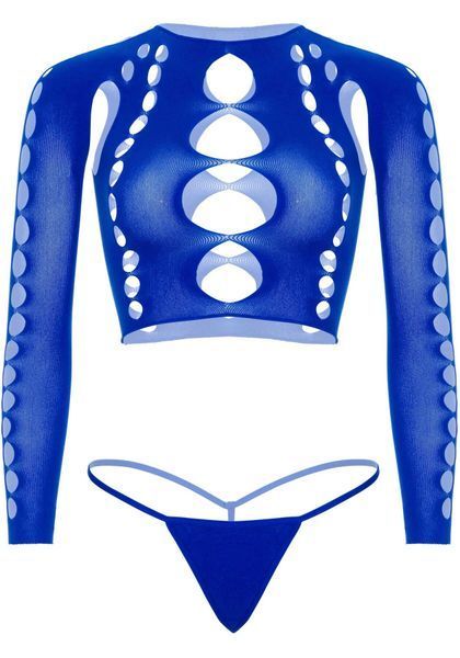 Комплект Leg Avenue Long sleeve crop top & string Royal Blue One Size, топ, стрінги SO9099 фото