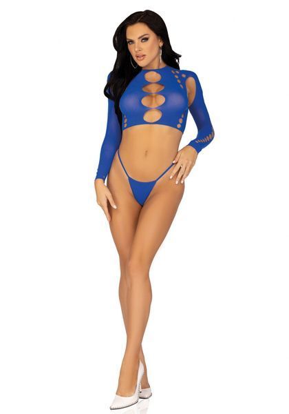 Комплект Leg Avenue Long sleeve crop top & string Royal Blue One Size, топ, стрінги SO9099 фото