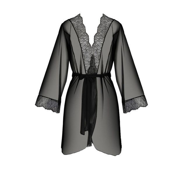 Пеньюар Passion AMBERLY PEIGNOIR 6XL/7XL, black, ажурні декольте та манжети, широкі рукави SO7054 фото