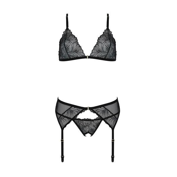 Комплект з відкритим доступом Passion DELIENA SET XXL/XXXL black, ліф, стрінги, пояс для панчіх SO8423 фото