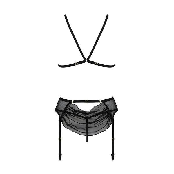 Комплект з відкритим доступом Passion DELIENA SET XXL/XXXL black, ліф, стрінги, пояс для панчіх SO8423 фото