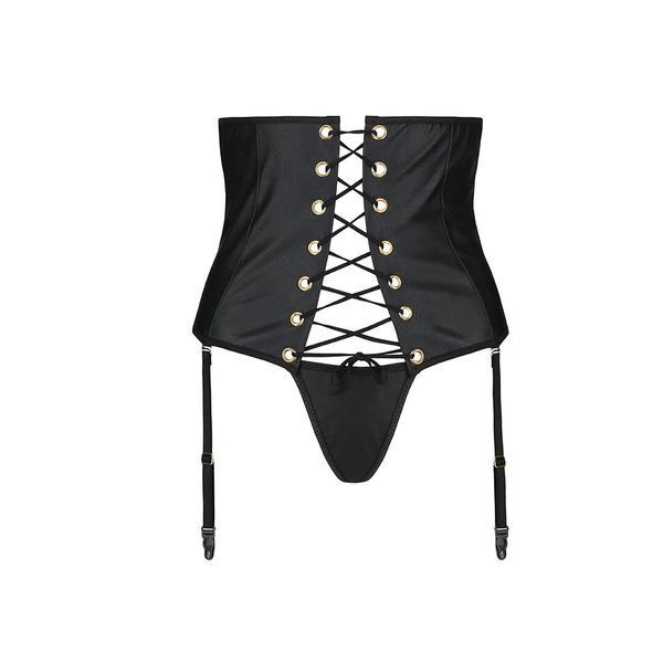 Пояс-корсет з екошкіри Passion CELINE SET L/XL, black, шнурівка, знімні пажі для панчіх, стрінги SO6409 фото