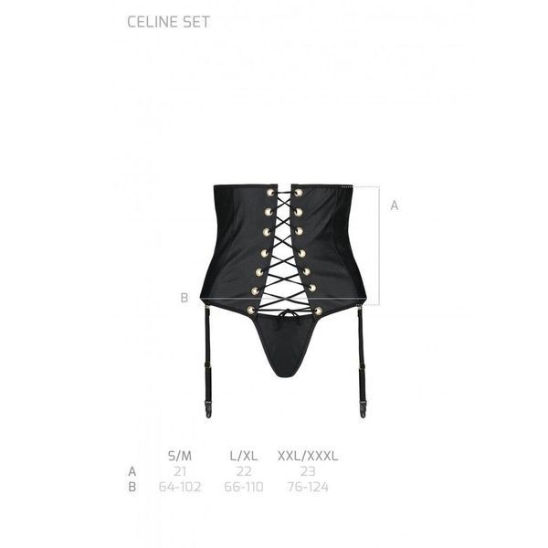 Пояс-корсет з екошкіри Passion CELINE SET L/XL, black, шнурівка, знімні пажі для панчіх, стрінги SO6409 фото