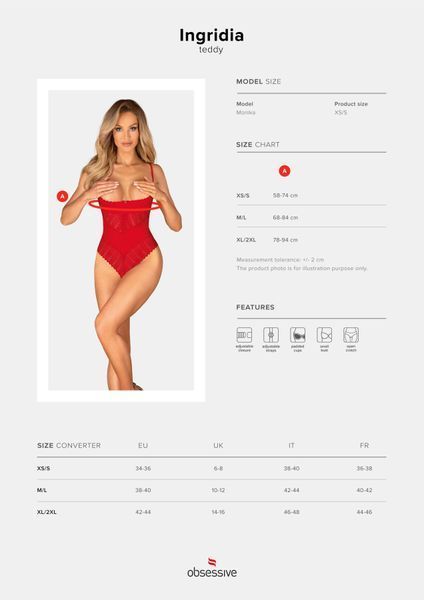Боді з доступом Obsessive Ingridia crotchless teddy XS/S, червоне, відкриті груди SO9025 фото
