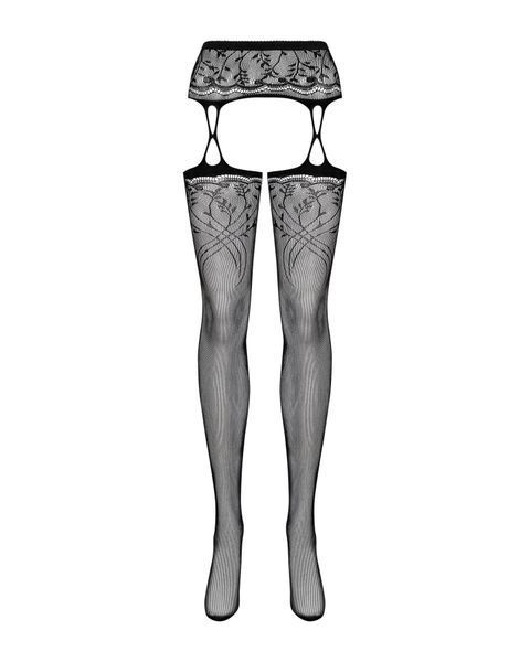 Панчохи-стокінги з рослинним малюнком Obsessive Garter stockings S206 black S/M/L чорні, імітація га SO7265 фото