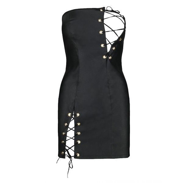 Мінісукня з екошкіри Passion CELINE CHEMISE 4XL/5XL, black, шнурівка, трусики в комплекті SO7061 фото