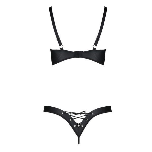 Комплект з екошкіри Passion CELINE BIKINI 6XL/7XL black, відкритий бра, стрінги зі шнурівкою SO7058 фото
