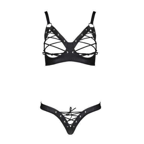 Комплект з екошкіри Passion CELINE BIKINI 6XL/7XL black, відкритий бра, стрінги зі шнурівкою SO7058 фото