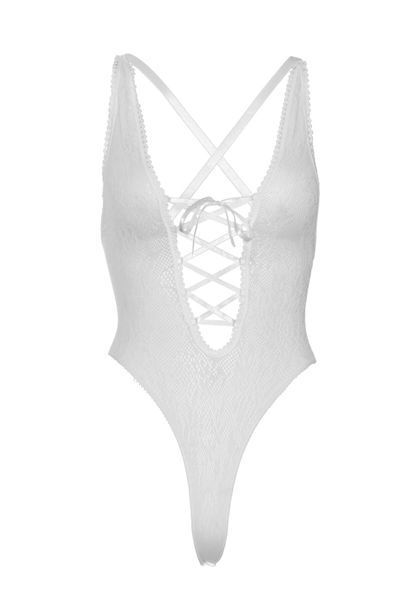 Мереживне боді Leg Avenue Floral lace thong teddy White, шнурівка на грудях, one size SO7963 фото