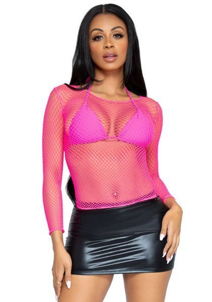 Сітчастий топ Leg Avenue Long Sleeves T-Shirts Neon Pink, One Size SO9105 фото