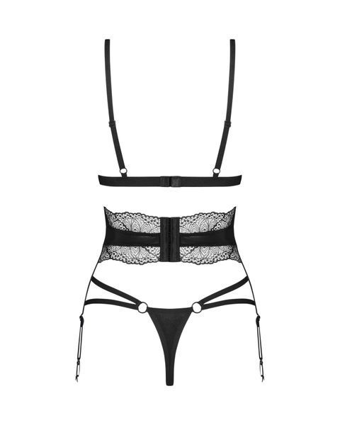 Комплект Obsessive Lobellis 3-pcs set, M/L, чорний, ліф з м&rsquo;якою чашкою, стрінги, пояс для панчіх SX1018 фото