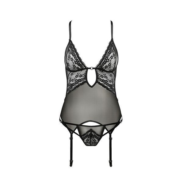 Корсет з декольте Passion ERZA CORSET S/M, black, пажі, трусики, напівпрозорий PS26008 фото