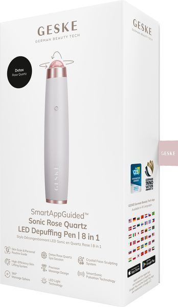 Ручка-масажер для обличчя з рожевим кварцом GESKE SmartAppGuided Sonic Rose Quartz LED Depuffing Pen 8in1 starlight HB0648 фото
