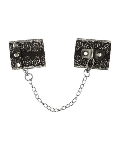 (SALE) Широкі наручники з блискітками та ланцюгом Obsessive A747 cuffs, чорно-срібні SO7192 фото