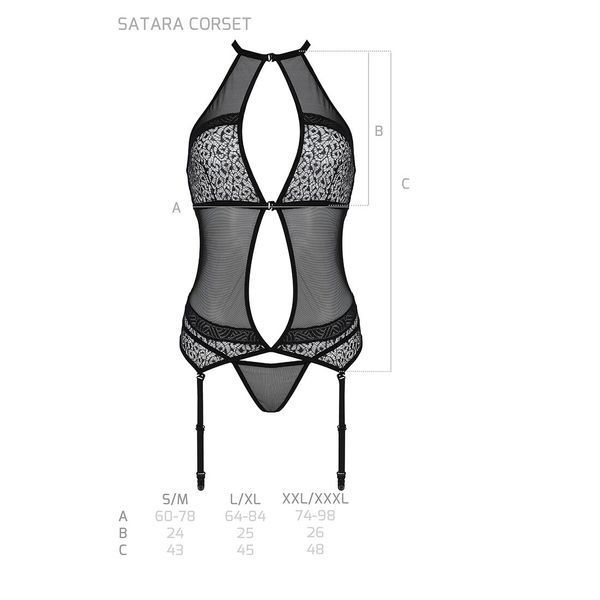 Корсет з пажами Passion SATARA CORSET S/M black, стрінги, мереживо, застібки спереду та ззаду SO8476 фото