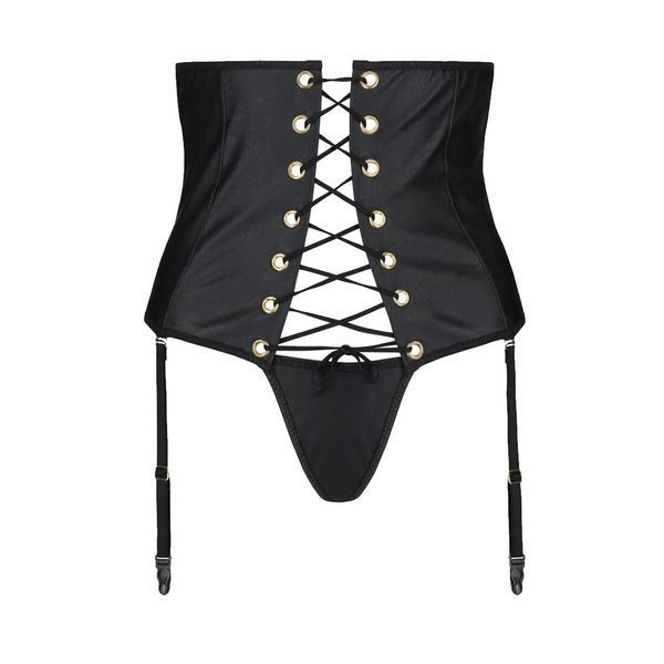 Пояс-корсет з екошкіри Passion CELINE SET with Open Bra 4XL/5XL, black, шнурівка, пажі, стрінги SO7063 фото