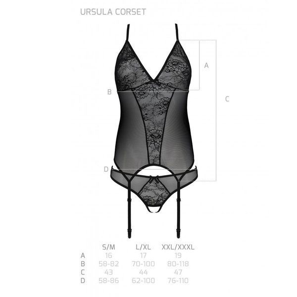 Корсет із пажами, трусики з ажурним декором та відкритим кроком Passion URSULA CORSET L/XL, black SO5835 фото