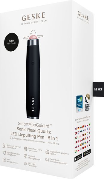 Ручка-масажер для обличчя з рожевим кварцом GESKE SmartAppGuided Sonic Rose Quartz LED Depuffing Pen 8in1 black HB0649 фото