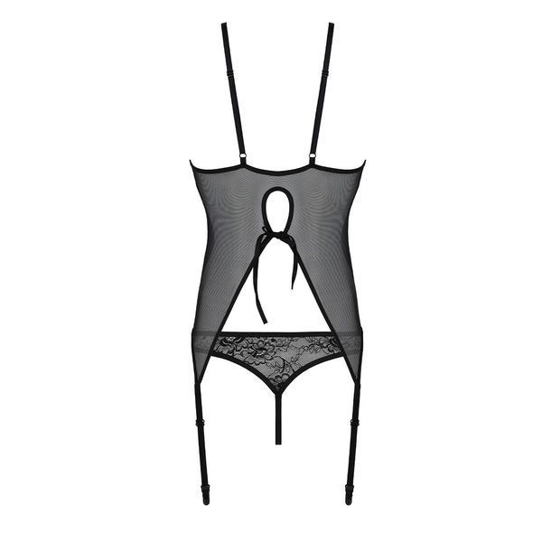 Корсет із пажами, трусики з ажурним декором та відкритим кроком Passion URSULA CORSET S/M, black SO5836 фото