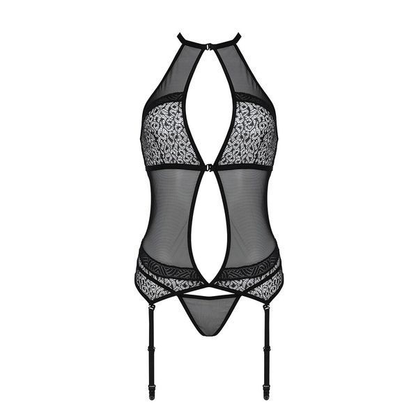 Корсет з пажами Passion SATARA CORSET XXL/XXXL black, стрінги, мереживо, застібки спереду та ззаду SO8477 фото