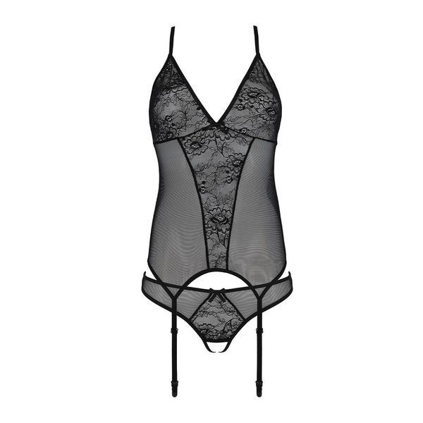 Корсет із пажами, трусики з ажурним декором та відкритим кроком Passion URSULA CORSET S/M, black SO5836 фото