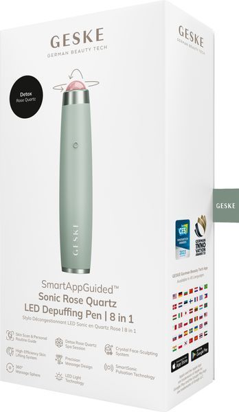 Ручка-масажер для обличчя з рожевим кварцом GESKE SmartAppGuided Sonic Rose Quartz LED Depuffing Pen 8in1 green HB0650 фото