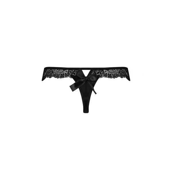 Мереживні трусики-танга з атласним бантиком Passion NAJA THONG S/M, black SO5365 фото