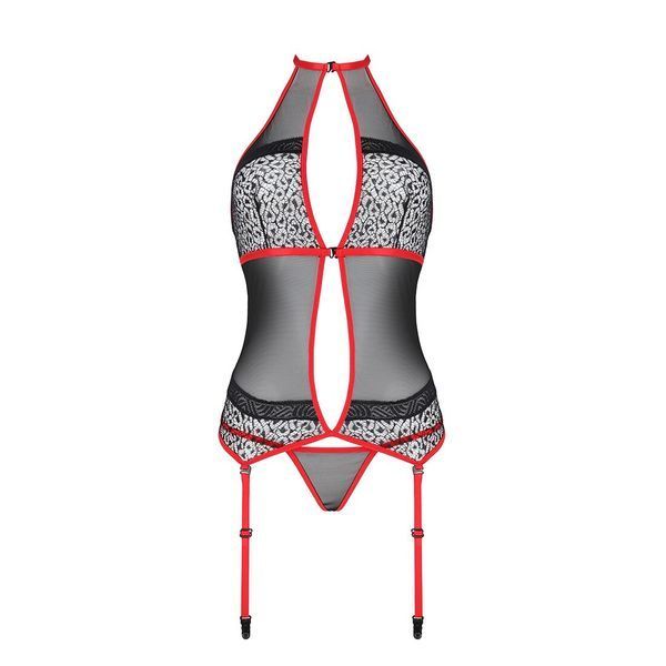 Корсет з пажами Passion SATARA CORSET L/XL red, стрінги, мереживо, застібки спереду та ззаду SO8478 фото