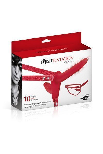 Подвійний страпон з вібрацією Fetish Tentation Vibrating Strap-On Red (м'яте паковання!!!) SO3752-R фото