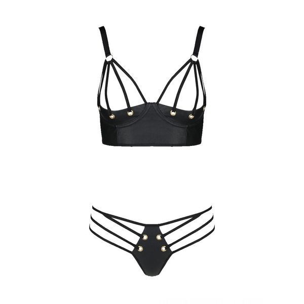 Комплект з екошкіри Passion MALWIA BIKINI 6XL/7XL black, з люверсами та ремінцями, бра, трусики SO7097 фото