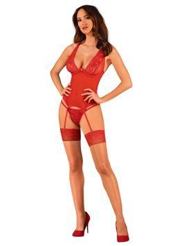 Прозорий корсет Obsessive Lacelove corset XL/2XL Red, мереживо, підв&rsquo;язки для панчіх SO8651 фото