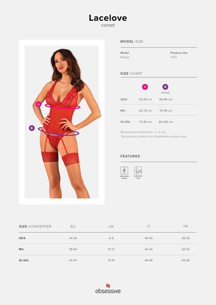 Прозорий корсет Obsessive Lacelove corset XL/2XL Red, мереживо, підв&rsquo;язки для панчіх SO8651 фото