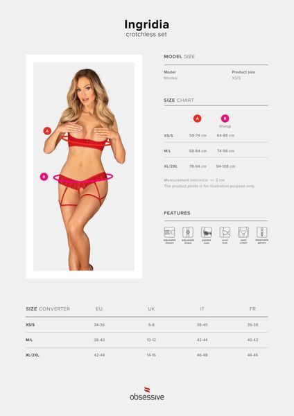 Комплект Obsessive Ingridia 2-pcs crotchless set M/L, червоний, з доступом, відкриті груди SO9032 фото