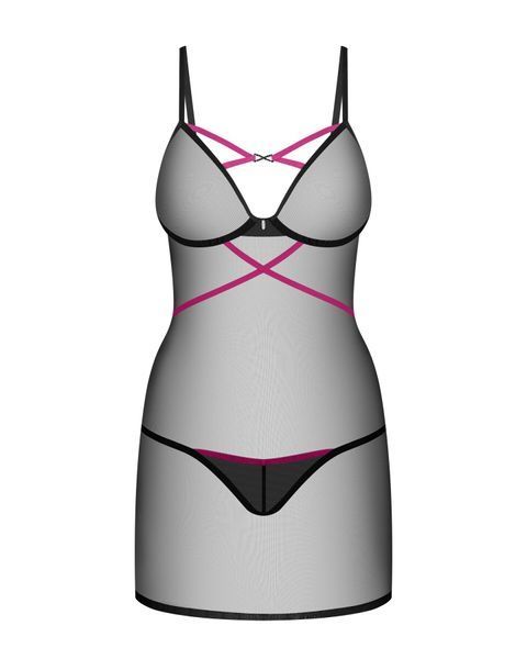 Пеньюар Obsessive Novenes chemise & thong, XL/2XL, обтислий, прозорий, зі стрепами, стрінги в компле SX0621 фото