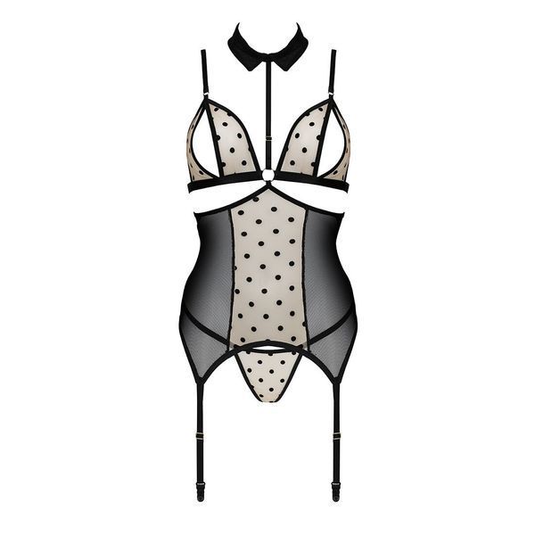 Корсет з відкритими грудьми Passion DOMINICA CORSET S/M beige, пажі для панчіх, стрінги SO8431 фото