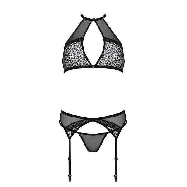 Комплект білизни Passion SATARA SET L/XL black, топ, пояс для панчіх, стрінги SO8481 фото