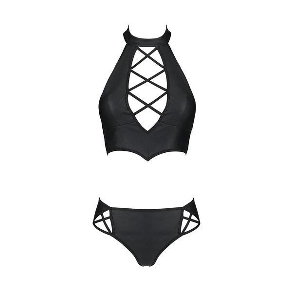 Комплект з еко-шкіри Passion NANCY BIKINI S/M, black, бра та трусики з імітацією шнурівки SO5368 фото