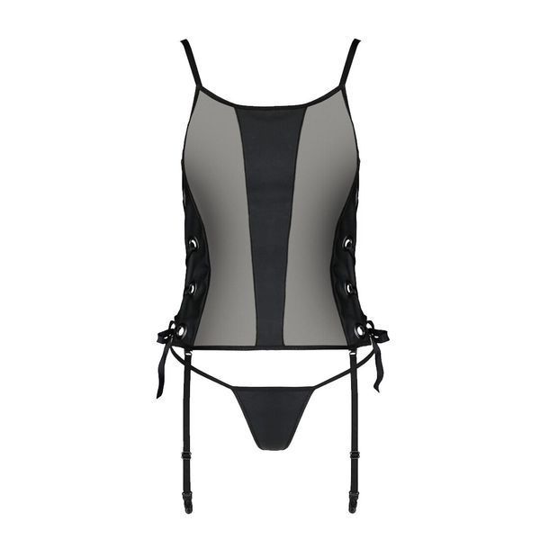 Сітчастий корсет з екошкіри Passion MALWIA CORSET 6XL/7XL black, з люверсами та знімними пажами SO7099 фото