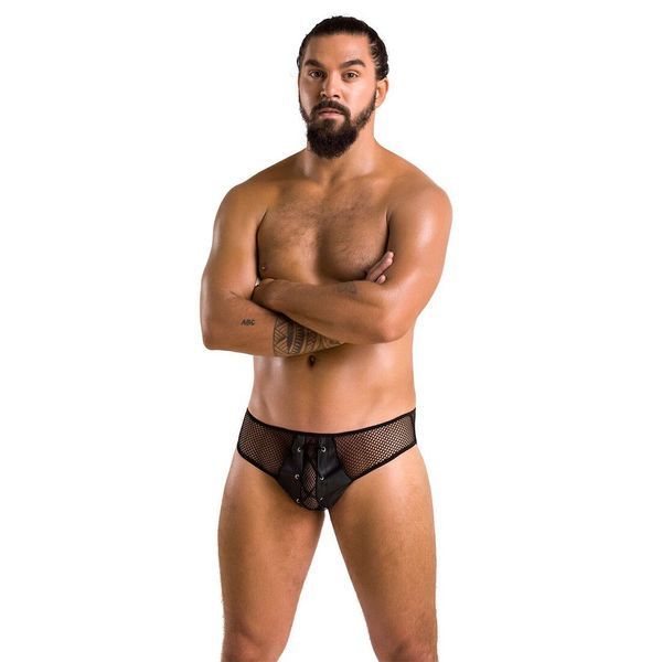 Чоловічі труси зі шнурівкою Passion 035 SLIP RICHARD XXL/XXXL Black, екошкіра, сітка SO7578 фото