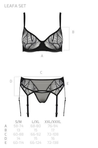 Комплект Passion LEAFA SET black, XXL/XXXL, мереживо+сітка, бюстгальтер на кісточках, стрінги, пояс для панчіх SX0511 фото