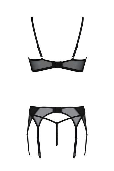 Комплект Passion LEAFA SET black, XXL/XXXL, мереживо+сітка, бюстгальтер на кісточках, стрінги, пояс для панчіх SX0511 фото