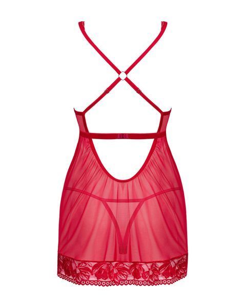Прозора сорочка бебі-дол Obsessive Lacelove babydoll & thong M/L Red, мереживо, стрінги SO8647 фото