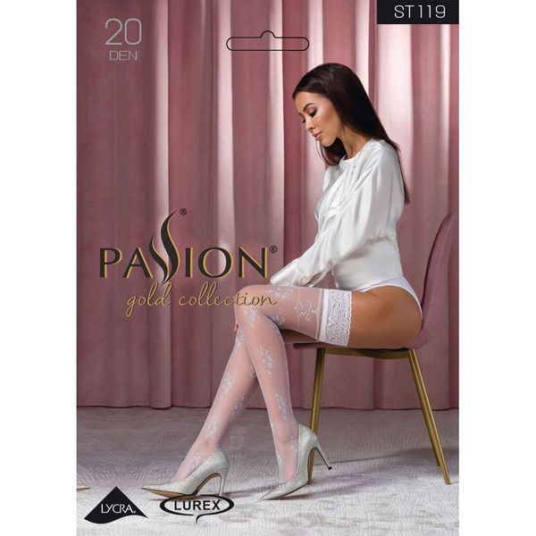 Панчохи Passion ST119 3/4 white, ажурна силіконова резинка з квітковим декором і люрексовою ниткою SO5783 фото