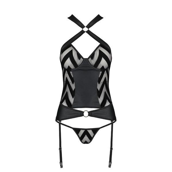Сітчастий комплект з візерунком Passion HIMA CORSET L/XL black корсет з халтером, підв'язки, трусики SO5349 фото