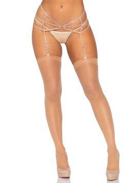 Пояс для панчіх зі стреп Leg Avenue Strappy Rhinestone Garterbelt Nude One Size, стрази SO9144 фото