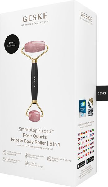 Ролер-масажер для обличчя та тіла з рожевим кварцом GESKE SmartAppGuided Rose Quartz Face & Body Roller 5in1 gray HB0655 фото