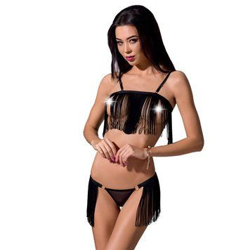 Комплект білизни Passion Exclusive KASSANDRA SET OpenBra L/XL black, ліф з бахроми, трусики-спідниця PS26301 фото